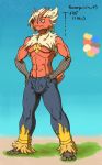  2014 anthro baraaya blaziken blue_eyes brown_fur brown_hair clothed clothing english_text fur hair japanese_text male nintendo pok&eacute;mon pok&eacute;mon_(species) red_fur solo standing talons text topless translated video_games yellow_sclera zenmigawa 