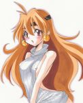  1girl areola_slip areolae artist_request bare_shoulders blush breasts erect_nipples female lina_inverse long_hair looking_at_viewer open_mouth orange_hair partial_nude red_eyes simple_background slayers small_breasts solo upper_body white_background 