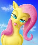  2018 digital_media_(artwork) equine feathered_wings feathers female feral fluttershy_(mlp) friendship_is_magic hair hi_res looking_at_viewer mammal my_little_pony outside pegasus pink_hair solo text the1xeno1 tongue tongue_out wings 