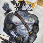  abs anthro arrow biceps black_nose bow_(weapon) canine clothing facial_hair fur gamutfeathers hair hanzo_(overwatch) hi_res male mammal muscular muscular_male nipples overwatch pecs ranged_weapon tattoo video_games weapon wolf 