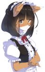  animal_ears apron bangs black_hair braid brown_eyes buttons center_frills closed_mouth commentary_request crossed_arms dress flying_sweatdrops fox_ears fox_girl french_braid frills furry looking_at_viewer maid maid_apron maid_headdress neck_ribbon original puffy_short_sleeves puffy_sleeves red_ribbon ribbon short_hair short_sleeves simple_background solo upper_body waist_apron white_background yuki_arare 