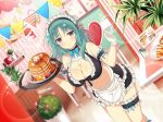  alternate_costume apron bad_source bashou_(senran_kagura) breasts cafe enmaided food green_hair large_breasts looking_at_viewer maid maid_bikini maid_cafe maid_headdress pancake purple_eyes senran_kagura senran_kagura_new_link solo tray yaegashi_nan 