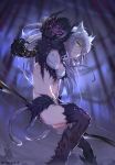  absurdres agrius_metamorphosis animal_ears atalanta_(alter)_(fate) atalanta_(fate) black_legwear bow_(weapon) breasts cat_ears cleavage collar commentary_request fangs fate/grand_order fate_(series) fur fur_trim grey_hair highres holding holding_bow_(weapon) holding_weapon long_hair medium_breasts reluvy slit_pupils solo tail teeth thighhighs twitter_username weapon yellow_eyes 