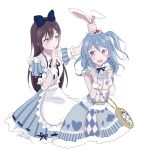  alice_(wonderland) alice_(wonderland)_(cosplay) animal_ears apron armband arms_up bang_dream! bangs black_ribbon blue_bow blue_dress blue_hair blue_hairband blue_stripes blush bow bunny_ears checkered closed_mouth collar cosplay diamond_(shape) dress earrings eyebrows_visible_through_hair finger_to_chin frilled_apron frilled_collar frilled_dress frills green_eyes hair_between_eyes hair_bow hairband hanazono_tae heart heart_earrings heart_print holding_by_the_ears holding_ears jewelry long_hair looking_at_another looking_to_the_side maid_apron matsubara_kanon multiple_girls neck_ribbon nervous nervous_smile one_side_up open_mouth oversized_object playing_card_theme pocket_watch puffy_short_sleeves puffy_sleeves purple_eyes ribbon ribbon-trimmed_dress short_sleeves simple_background sketch_eyebrows sleeve_ribbon sleeveless sleeveless_dress spade_(shape) sweatdrop thinking very_long_hair waist_apron watch white_apron white_armband white_background white_collar white_rabbit white_rabbit_(cosplay) yazawa3921 