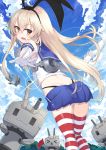  &gt;_&lt; :3 absurdres anchor_hair_ornament ass bangs black_panties black_ribbon blonde_hair blue_skirt brown_eyes cloud cloudy_sky commentary day diffraction_spikes elbow_gloves foreshortening from_behind gloves hair_ornament hair_ribbon highleg highleg_panties highres joker_(tomakin524) kantai_collection long_hair looking_at_viewer looking_back microskirt midriff open_mouth panties reaching red_legwear rensouhou-chan ribbon sailor_collar shimakaze_(kantai_collection) shirt signal_flag skindentation skirt sky sleeveless sleeveless_shirt solo standing striped striped_legwear thigh_gap thighhighs thong underwear v-shaped_eyebrows white_gloves white_shirt 