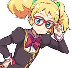  adjusting_eyewear aikatsu! aikatsu!_(series) blonde_hair blue_eyes blush bow bowtie dream_academy_uniform glasses hair_ribbon haiteku hand_on_hip long_sleeves red-framed_eyewear ribbon saegusa_kii school_uniform simple_background smile smug solo twintails white_background 