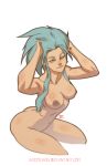  absurdres ass blue_hair breasts commentary gazzycakes hands_in_hair highres long_hair looking_at_viewer nipples nude ryouko_(tenchi_muyou!) signature solo spiked_hair tenchi_muyou! watermark web_address yellow_eyes 