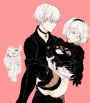  1girl carrying commentary_request highleg highleg_leotard juliet_sleeves leotard long_sleeves nier_(series) nier_automata no_blindfold no_pants princess_carry puffy_sleeves short_hair thighhighs uruta_nishi vambraces white_hair yorha_no._2_type_b yorha_no._9_type_s 