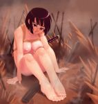  barefoot black_eyes black_hair breasts commentary dirty_feet english_commentary harness highres inverted_nipples katana large_breasts lips looking_at_viewer nipples nude sheath sheathed short_hair sitting solo soumakyo sword sword_behind_back toes uq_holder! weapon yuuki_karin 