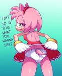  amy_rose anthro black_nose clothing dialogue english_text female flashing gloves green_eyes hair hairband hedgehog mammal panties pink_hair short_hair solo sonic_(series) text underwear video_games waru-geli wildswingding 