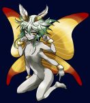  1girl ano5102 antennae collarbone extra_arms female flat_chest green_hair grey_skin monster_girl moth_girl moth_wings no_nipples nude original parted_lips ribs skinny solo wings 