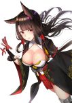  absurdres akagi_(azur_lane) animal_ears azur_lane bad_id bad_pixiv_id bangs black_hair blunt_bangs blush breasts brown_hair cleavage collarbone commentary eyebrows_visible_through_hair floating_hair fox_ears fox_tail gloves gui_ss hair_ribbon highres japanese_clothes large_breasts long_hair long_sleeves looking_at_viewer multiple_tails parted_lips partly_fingerless_gloves red_eyes ribbon rigging sidelocks simple_background skindentation smile solo tail tassel thighhighs tress_ribbon white_background wide_sleeves 