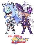  :3 android blue_hair chibi covered_eyes cyborg dark_skin forehead_protector futari_wa_precure gloves headgear high_heels kos-mos kos-mos_re: long_hair multiple_girls precure silver_hair simple_background standing t-elos t-elos_re tanaka_kunihiko translated white_background xenoblade_(series) xenoblade_2 xenosaga xenosaga_episode_iii 