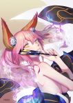  animal_ears artist_name breasts commentary_request fate/extra fate/grand_order fate_(series) fox_ears freze from_side highres holding japanese_clothes looking_at_viewer pink_hair smile solo tamamo_(fate)_(all) tamamo_no_mae_(fate) yellow_eyes 