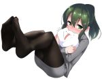  ass blush borrowed_character commentary commentary_request feet feet_together green_eyes green_hair igarashi_futaba_(shiromanta) karameru_(character) medium_hair office_lady pantyhose ponytail senpai_ga_uzai_kouhai_no_hanashi soles solo stuffed_animal stuffed_cat stuffed_toy tera_zip 