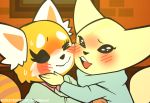  aggressive_retsuko anthro blush canine cheek_rubbing clothed clothing drunk duo female female/female fennec fenneko fox mammal open_mouth red_panda retsuko sanrio smile sweat sweater techytechy 