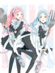  apron artist_name blue_eyes blue_hair bow brown_eyes felicia_(fire_emblem_if) fire_emblem fire_emblem_if flora_(fire_emblem_if) long_hair maid maid_apron maid_headdress multiple_girls open_mouth pink_hair ponytail siblings sisters solfa_(gikosweety) thighhighs twintails 