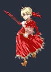  absurdres aestus_estus ahoge artoria_pendragon_(all) ass_cutout bangs black_background blonde_hair boots braid breasts brown_footwear butt_crack closed_mouth commentary_request dress epaulettes fate/extra fate_(series) french_braid from_side full_body hair_intakes hair_ribbon high_heel_boots high_heels highres holding holding_sword holding_weapon jacket juliet_sleeves long_sleeves looking_at_viewer looking_back muichimon nero_claudius_(fate) nero_claudius_(fate)_(all) panties puffy_sleeves red_dress red_jacket red_ribbon ribbon saber short_hair sideboob simple_background smile solo standing sword underwear weapon white_panties yellow_eyes 