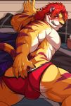  abs blush briefs butt clothing colored drks feline hi_res looking_at_viewer male mammal muscular nomad pecs presenting presenting_hindquarters rear_view solo tiger tokyo_afterschool_summoners underwear 
