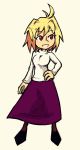  1girl ahoge arcueid_brunestud commentary eyebrows_visible_through_hair hair_intakes hand_on_hip long_skirt pantyhose red_eyes setz skirt smile tsukihime white_background 