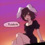  alternate_costume animal_ears black_dress blush breasts brown_hair bunny_ears carrot_necklace cleavage collarbone commentary_request dress english evening eyebrows_visible_through_hair feet_out_of_frame frilled_dress frills gradient_sky inaba_tewi looking_at_viewer looking_down miata_(miata8674) open_mouth orange_sky purple_sky red_eyes short_dress short_hair sitting sky small_breasts solo touhou 