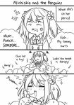  3koma =_= anger_vein angry bird blush bow bowtie breath comic commentary double_bun english fang greyscale guin_guin hug kantai_collection menstruation michishio_(kantai_collection) monochrome penguin remodel_(kantai_collection) sparkle squiggle thought_bubble 