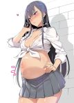  1girl bad_revision bangs black_hair blush breasts cleavage closed_mouth collared_shirt covered_nipples cowboy_shot downscaled_revision ear_piercing earrings eyebrows_visible_through_hair glint grey_skirt hand_on_hip head_tilt heart highres hoop_earrings iku_(ikuchan_kaoru) jewelry large_breasts lips long_hair looking_away md5_mismatch navel no_bra nose_blush original piercing pleated_skirt pregnant ribbon shadow shiny shiny_skin shirt skirt sleeves_folded_up sleeves_past_elbows solo standing steaming_body stomach straight_hair tied_shirt tsurime very_long_hair wall white_ribbon white_shirt wing_collar 