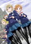  assam bangs black_bow black_legwear black_neckwear blonde_hair blue_eyes blue_skirt blue_sweater blurry blurry_background blush bow braid building closed_mouth cloud cloudy_sky commentary_request cup darjeeling dress_shirt dropping dutch_angle emblem falling girls_und_panzer hair_bow hair_pulled_back hair_ribbon light_smile long_hair long_sleeves looking_at_viewer miniskirt muichimon multiple_girls necktie open_mouth orange_hair orange_pekoe pantyhose parted_bangs pleated_skirt red_hair ribbon rosehip saucer school_uniform shirt short_hair skirt sky spilling st._gloriana's_(emblem) st._gloriana's_school_uniform standing sweatdrop sweater tea teacup tied_hair twin_braids v-neck v-shaped_eyebrows white_shirt wing_collar 