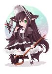  1girl alternate_costume alternate_hair_color alternate_hairstyle black_dress black_hair fluffy_ears gothic_lolita green_eyes headdress league_of_legends lolita_fashion lulu_(league_of_legends) magical_girl pix_(league_of_legends) pointy_ears solo staff yordle 