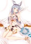 animal_ears ayasato_karen bangs blue_eyes blunt_bangs breasts cleavage commentary_request erune granblue_fantasy hair_ribbon high_heels highres korwa long_hair looking_at_viewer midriff quill ribbon silver_hair solo 