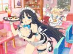  2girls alternate_costume apron bad_source bendy_straw black_hair blonde_hair blue_eyes breasts cafe chasing checkerboard_cookie cleavage cookie drinking_straw enmaided food hair_ribbon high_heels ikaruga_(senran_kagura) katsuragi_(senran_kagura) large_breasts long_hair maid maid_bikini maid_cafe maid_headdress multiple_girls official_art ribbon running senran_kagura senran_kagura_new_link translation_request tray very_long_hair yaegashi_nan 