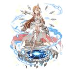  arm_at_side armor armored_dress asuna_(sao) barefoot bracelet breasts brown_eyes brown_hair choker cleavage detached_sleeves dress faux_figurine floating_hair flower full_body hair_flower hair_ornament holding holding_sword holding_weapon jewelry left-handed leg_up long_hair looking_at_viewer medium_breasts official_art outstretched_arm see-through short_dress simple_background smile solo sword sword_art_online sword_art_online:_code_register thighhighs very_long_hair weapon white_background white_dress white_flower 