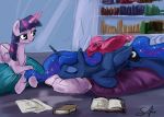  2015 book cute cutie_mark duo equine eyes_closed feathered_wings feathers female feral friendship_is_magic fur hair horn long_hair magic mammal multicolored_hair my_little_pony princess_luna_(mlp) purple_fur purple_hair silfoe sleeping twilight_sparkle_(mlp) two_tone_hair winged_unicorn wings 