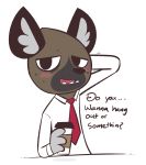  2018 absurd_res aggressive_retsuko beverage blush coffee coffee_cup dialogue english_text fangs haida hi_res hyena looking_at_viewer mail mammal necktie sanrio simple_background solo talking_to_viewer text theartmanor 