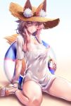  animal_ears blush breasts collarbone covered_navel covered_nipples ears_through_headwear fate/grand_order fate_(series) fox_ears fox_tail hat innertube large_breasts long_hair looking_at_viewer matsunaga_garana parted_lips pink_hair sandals see-through shirt short_sleeves sitting solo straw_hat sun_hat swimsuit tail tamamo_(fate)_(all) tamamo_no_mae_(swimsuit_lancer)_(fate) wariza wet wet_clothes wet_shirt white_background white_shirt wristband 