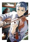  1boy black_hair clock fate/grand_order fate_(series) fireplace green_eyes highres instrument looking_at_viewer male_focus music natsuko_(bluecandy) outside_border playing_instrument sherlock_holmes_(fate/grand_order) sleeves_rolled_up solo suspenders violin 