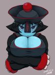  :&lt; alternate_color black_hair blue_eyes blue_skin breasts china_dress chinese_clothes claws cleavage cleavage_cutout dated dress hat huge_breasts jiangshi lei_lei ofuda sleeves_past_wrists solo tsukudani_(coke-buta) upper_body vampire_(game) 