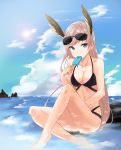  absurdres bikini black_bikini blonde_hair blue_eyes blue_sky breasts cleavage cloud crossed_legs day dripping eyewear_on_head food hanna-justina_marseille highres long_hair medium_breasts melting mojomaru navel ocean partially_submerged popsicle popsicle_stick sky solo strike_witches swimsuit world_witches_series 