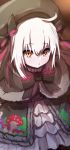  ahoge bad_id bad_pixiv_id bangs beret black_bow black_capelet black_dress black_hat blush bow brown_eyes capelet closed_mouth cosplay dress eyebrows_visible_through_hair fate/extra fate/grand_order fate_(series) food_print fur-trimmed_capelet fur_trim gothic_lolita hair_between_eyes hat hat_bow highres jeanne_d'arc_(fate)_(all) jeanne_d'arc_alter_santa_lily lolita_fashion long_hair looking_at_viewer mushroom_print nursery_rhyme_(fate/extra) nursery_rhyme_(fate/extra)_(cosplay) print_dress silver_hair solo striped striped_bow wada_kazu 