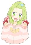  absurdres donguri_suzume fang forehead green_eyes green_hair highres hood hood_down morinaka_kazaki nijisanji open_mouth short_hair solo striped_clothes virtual_youtuber 