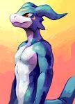  anthro blitzdrachin blue_skin digimon flamedramon male painting pecs red_eyes reptile scalie solo 