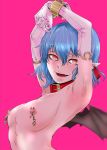  armpits arms_up bat_wings bdsm black_wings blue_hair bondage bound breasts collar commentary_request cuffs ear_tag elbow_gloves fangs gloves hair_between_eyes hane_(azelye) lips looking_at_viewer medium_breasts nipple_clamps nipples nude parted_lips pink_background pointy_ears red_collar red_eyes remilia_scarlet restrained shackles simple_background slit_pupils smile solo touhou upper_body white_gloves wings 