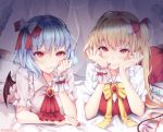  ascot bangs bat_wings bed_sheet black_wings blonde_hair blue_hair bow brooch closed_mouth collared_shirt eyebrows_visible_through_hair flandre_scarlet hair_bow hair_ribbon highres indoors jewelry looking_at_viewer lying multiple_girls on_bed on_stomach one_side_up puffy_short_sleeves puffy_sleeves red_eyes red_neckwear red_ribbon red_skirt remilia_scarlet ribbon shiromoru_(yozakura_rety) shirt short_sleeves siblings sisters skirt skirt_set slit_pupils smile socks touhou vest white_bow white_legwear white_shirt wing_collar wings wrist_cuffs yellow_neckwear 