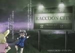  absurdres animal_ears blonde_hair brown_eyes cityscape commentary common_raccoon_(kemono_friends) fennec_(kemono_friends) fox_ears grey_hair highres izumi_nao kemono_friends multiple_girls pantyhose pointing raccoon_ears resident_evil sign smile translated umbrella_corporation_(logo) 
