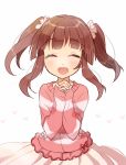  :d ^_^ bangs blush brown_hair closed_eyes eyebrows_visible_through_hair facing_viewer frilled_shirt frills hands_clasped idolmaster idolmaster_cinderella_girls long_sleeves miyuara musical_note ogata_chieri open_mouth own_hands_together pink_shirt pink_skirt shirt sidelocks simple_background skirt sleeves_past_wrists smile solo striped striped_shirt twintails white_background 