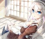  9a-91_(girls_frontline) alternate_costume apron bangs bed_sheet black_bow black_ribbon blue_eyes blush bow breasts closed_mouth collar collarbone commentary_request curtains day dress eyebrows_visible_through_hair frilled_dress frills garter_straps girls_frontline gradient hair_between_eyes hair_bow hair_ornament head_tilt highres indoors juliet_sleeves long_hair long_sleeves looking_at_viewer maid maid_apron maid_dress maid_headdress medium_breasts neck_ribbon on_bed open_mouth pillow ponytail puffy_sleeves ribbon silver_hair sitting skindentation smile solo sunlight thighhighs thighs very_long_hair white_legwear window xin_(zinc) 