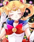  back_bow bishoujo_senshi_sailor_moon black_background blonde_hair blue_sailor_collar bow brooch choker circlet closed_eyes crescent crescent_earrings double_bun earrings elbow_gloves facing_viewer gloves hoshikuzu_(milkyway792) jewelry long_hair magical_girl red_bow red_neckwear sailor_collar sailor_moon sailor_senshi_uniform signature smile solo star starry_background tsukino_usagi twintails upper_body white_gloves 