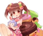  :d animal_ears bangs blush bow brown_hair bunny_ears character_doll clover_hair_ornament doll doughnut eyebrows_visible_through_hair food hair_bow hair_ornament holding holding_doll idolmaster idolmaster_cinderella_girls idolmaster_cinderella_girls_starlight_stage knees_up koshimizu_sachiko looking_at_viewer macaron miyuara multicolored_bow ogata_chieri open_mouth pink_shirt pink_skirt purple_hair red_eyes shirt short_hair sidelocks sitting skirt smile solo twintails white_background 