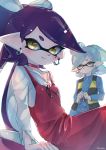  2girls :3 aori_(splatoon) arm_support bangs black_hair blue_shirt blush buttons choker closed_mouth collared_shirt cosplay cousins dress dress_shirt earrings expressionless gegege_no_kitarou gem gradient_hair green_hair grey_hair head_tilt highres hoop_earrings hotaru_(splatoon) jewelry kashu_(hizake) kitarou kitarou_(cosplay) long_hair long_sleeves looking_at_viewer looking_to_the_side medium_hair mole mole_under_eye monster_girl multicolored_hair multiple_girls nekomusume nekomusume_(gegege_no_kitarou_6) nekomusume_(gegege_no_kitarou_6)_(cosplay) open_clothes open_vest own_hands_together pink_hair pointy_ears reclining red_choker red_dress red_ribbon ribbon shirt short_eyebrows signature simple_background sleeveless sleeveless_dress smile splatoon_(series) splatoon_1 standing swept_bangs tentacle_hair vest white_background white_shirt yellow_eyes 