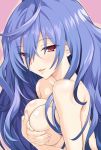  blue_hair breasts covering covering_breasts iris_heart iwasi-r kami_jigen_game_neptune_v large_breasts long_hair looking_at_viewer neptune_(series) nude red_eyes smile solo symbol-shaped_pupils very_long_hair 